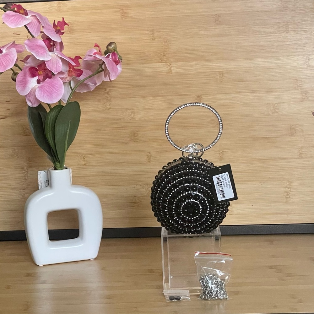 Badgley Mischka Black Beaded Round Clutch with Silver Handle